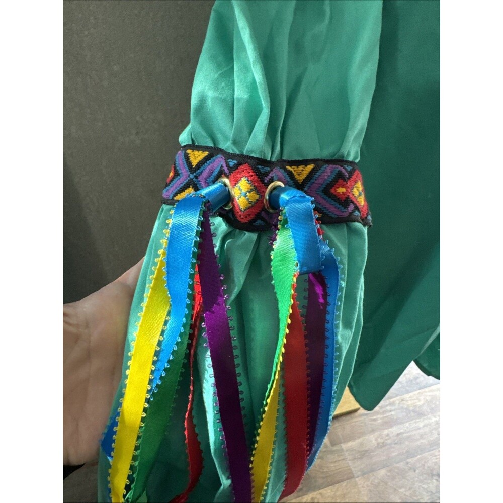 Vtg 70s Stage Costume Mexican Folklorico Peasant Dress Top Ribbon Sleeve Teal 12